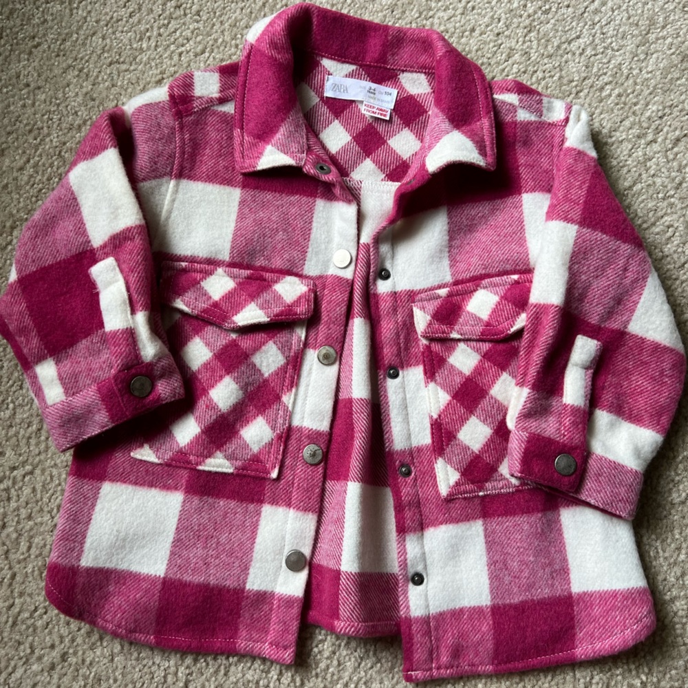ZARA Plaid Overshirt Jacket Girls Pink White Flannel Button Down Wool